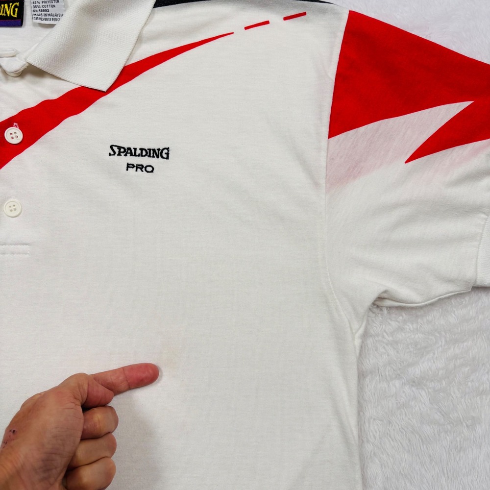 VTG 90s Spalding Polo Shirt Men M White Red Blue Geometric Colorblock Logo RARE - Picture 7 of 14